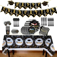 black graduation balloons disposable tableware graduation party decorations congrats grad paper garland banner plates cup fork