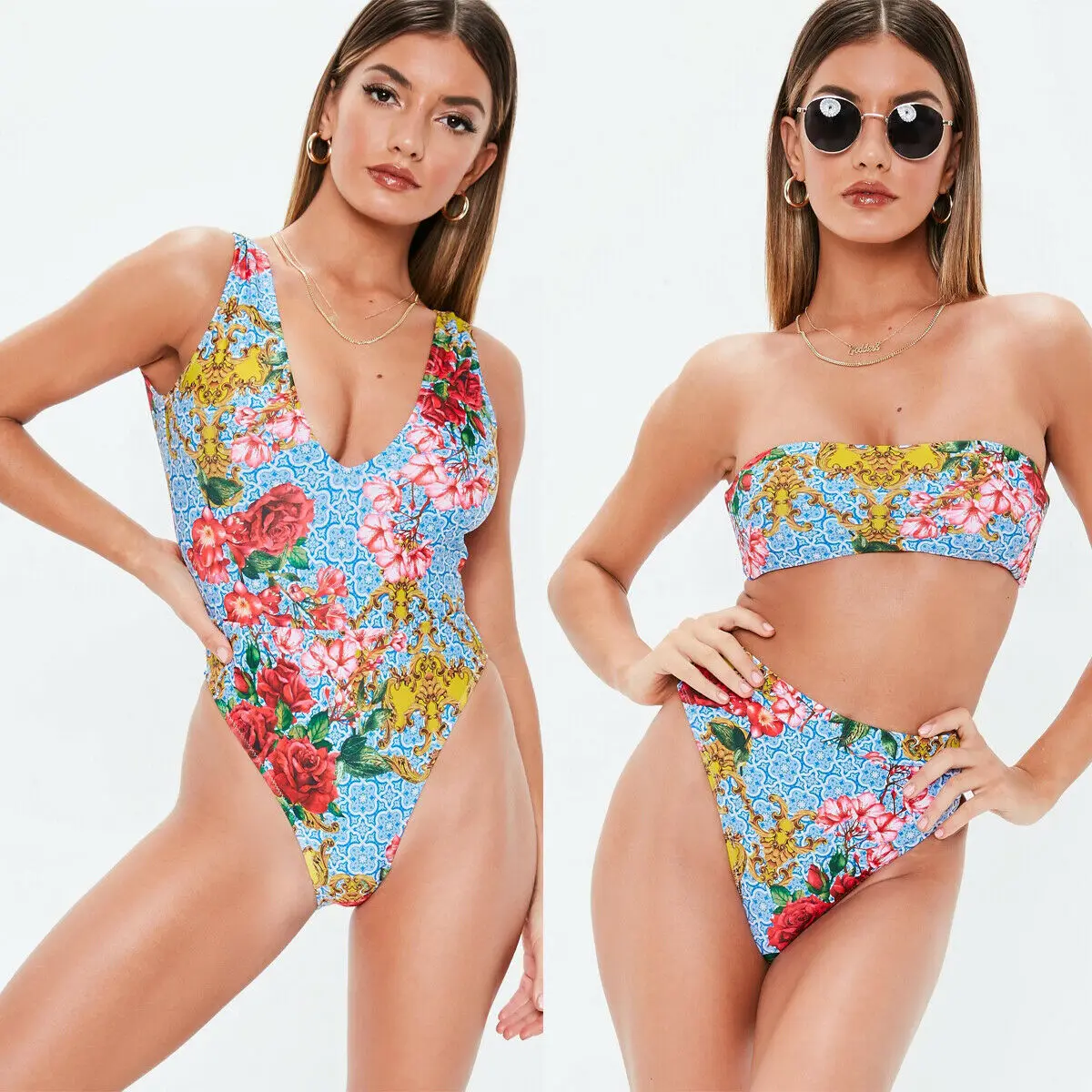 Женский раздельный купальник с V-образным вырезом и цветочным принтом Женская