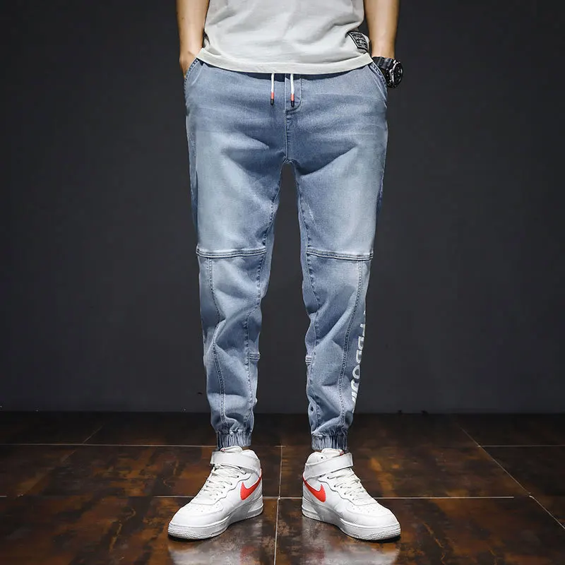 

teenagers Denim Jeans men's loose Korean elastic waist trousers summer 2021 brand tooling men's casual students harem long pants