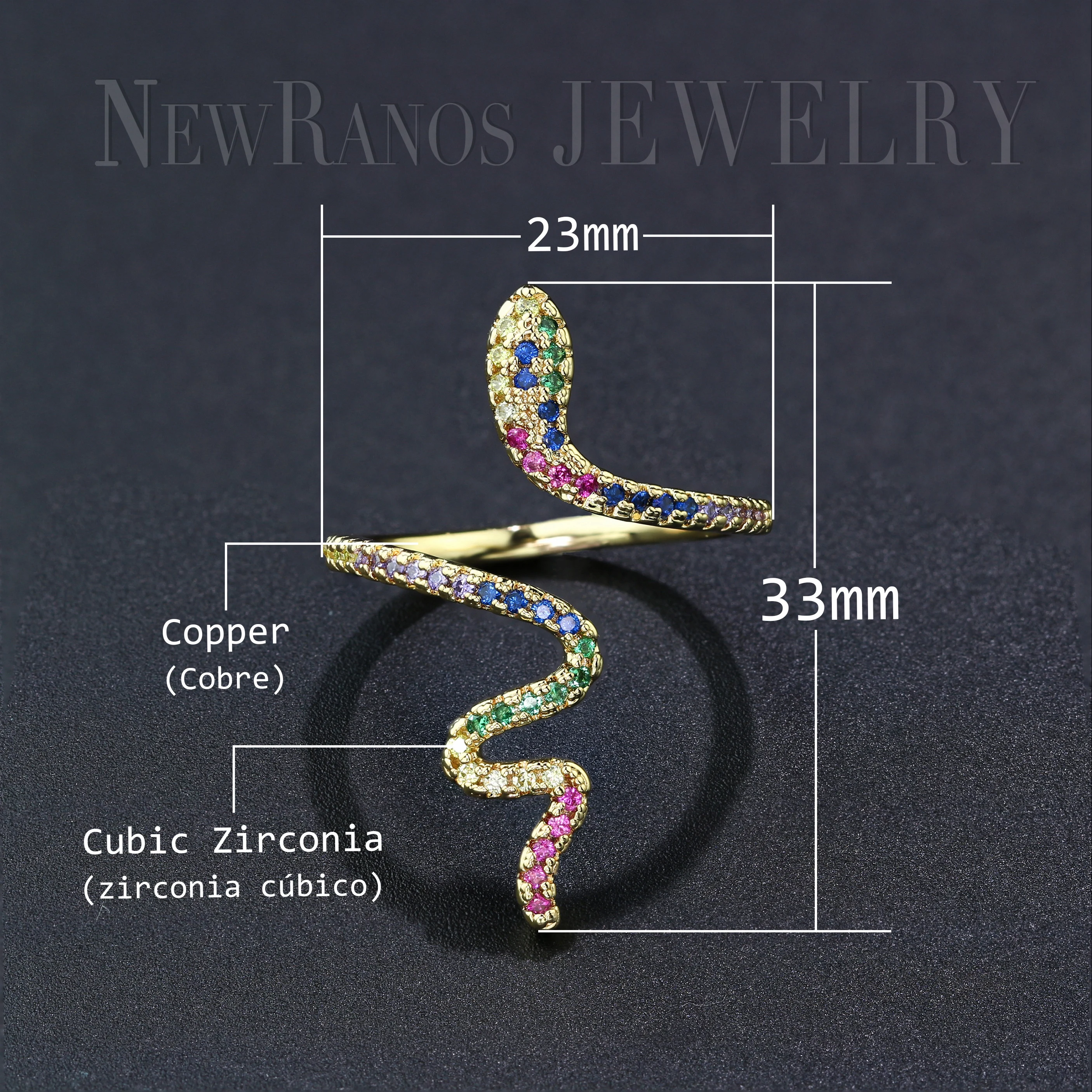 Newranos Multi Color Snake Gold Ring Rainbow Baguette AAA+ Cubic Zirconias Finger for Women Fashion Jewelry RYL003524 | Украшения и