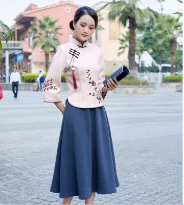 pink suit Sheng Coco Woolen Chinese Blouse Coat LadiesTraditional Chinese Shirts Embroidery Blouses Woolen Suit Classic Blue Suit - Цвет: pink suit