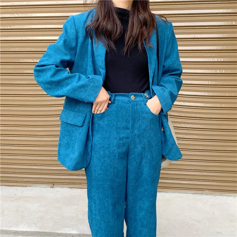 Модные элегантные деловые брючные костюмы для женщин синий вельветовый пиджак и