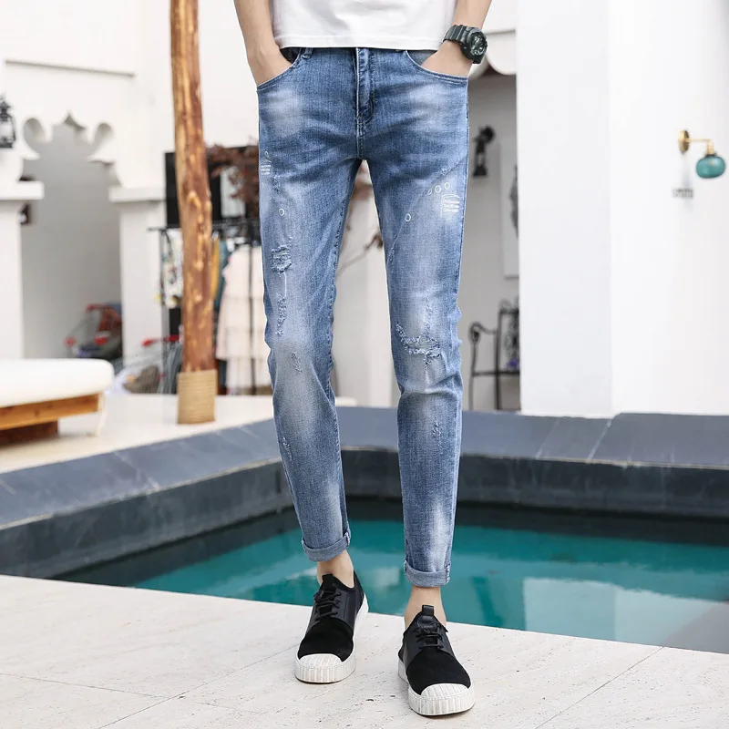 

Designer Pants Hole Slim Pantalones Hombre Stretch Korean Fashion Jeans Men Straight Jaens Calcas Jeans Dechire Homme Clothing