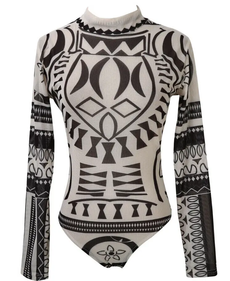 

2019 New Sexy Women Tattoo Tribal Print Stretchy Bodysuit See-Through Mesh Sheer Long Sleeve Top Lady Clubwear O Neck Bodycon