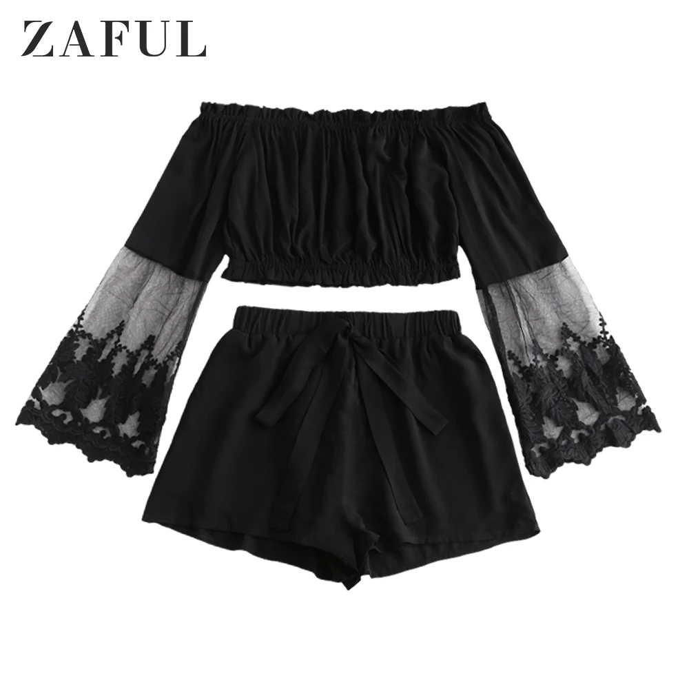 ZAFUL с открытыми плечами сетчатая панель укороченный костюм из двух частей