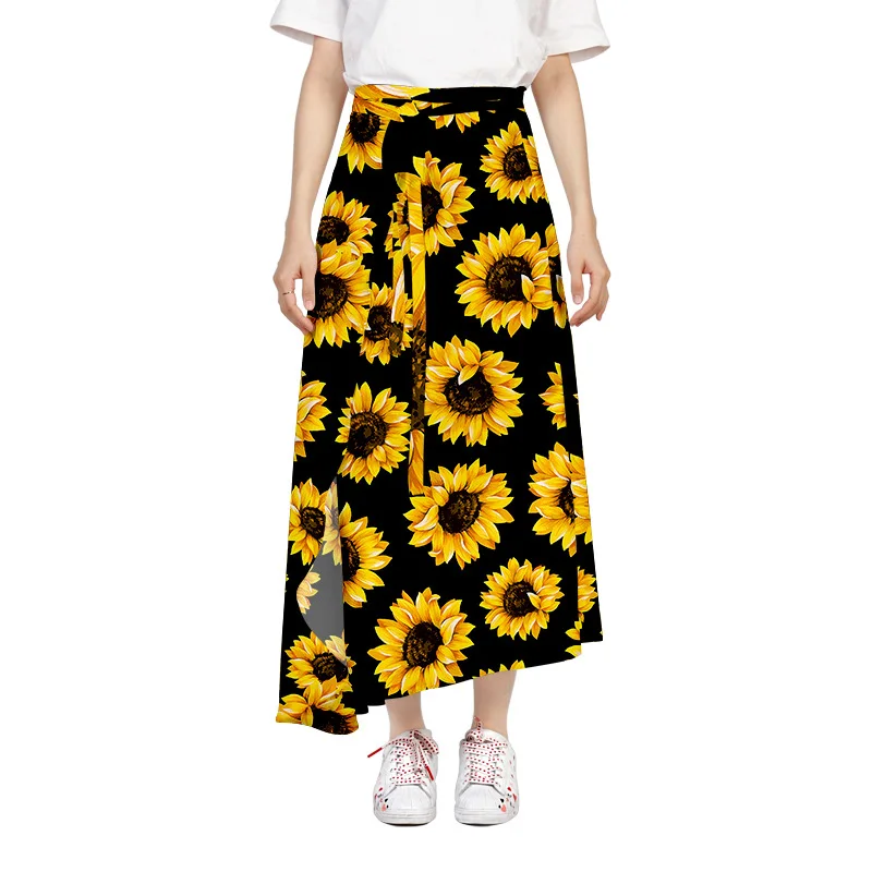 Long Skirts High Waist Summer Print Skirts Frill Sweet Cute Mid-Calf Skirts Women Beach Style Fashion Skirts Bottom