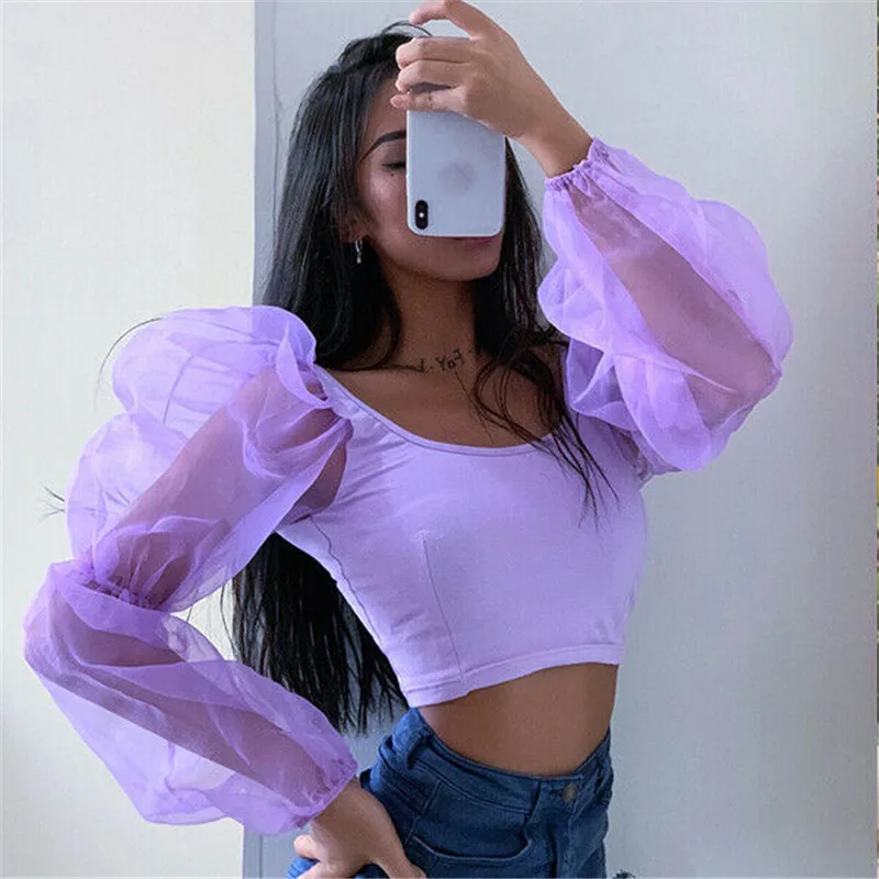 Женская футболка Женский пуловер с пышными рукавами укороченный топ U образным