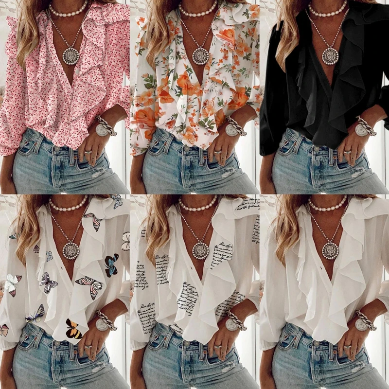 

2021 Summer Women Blouses Ruffled Stylish Top Plus Size Sexy Deep V neck Long Sleeve Shirt Female Casual Buttons Chiffon Blusas