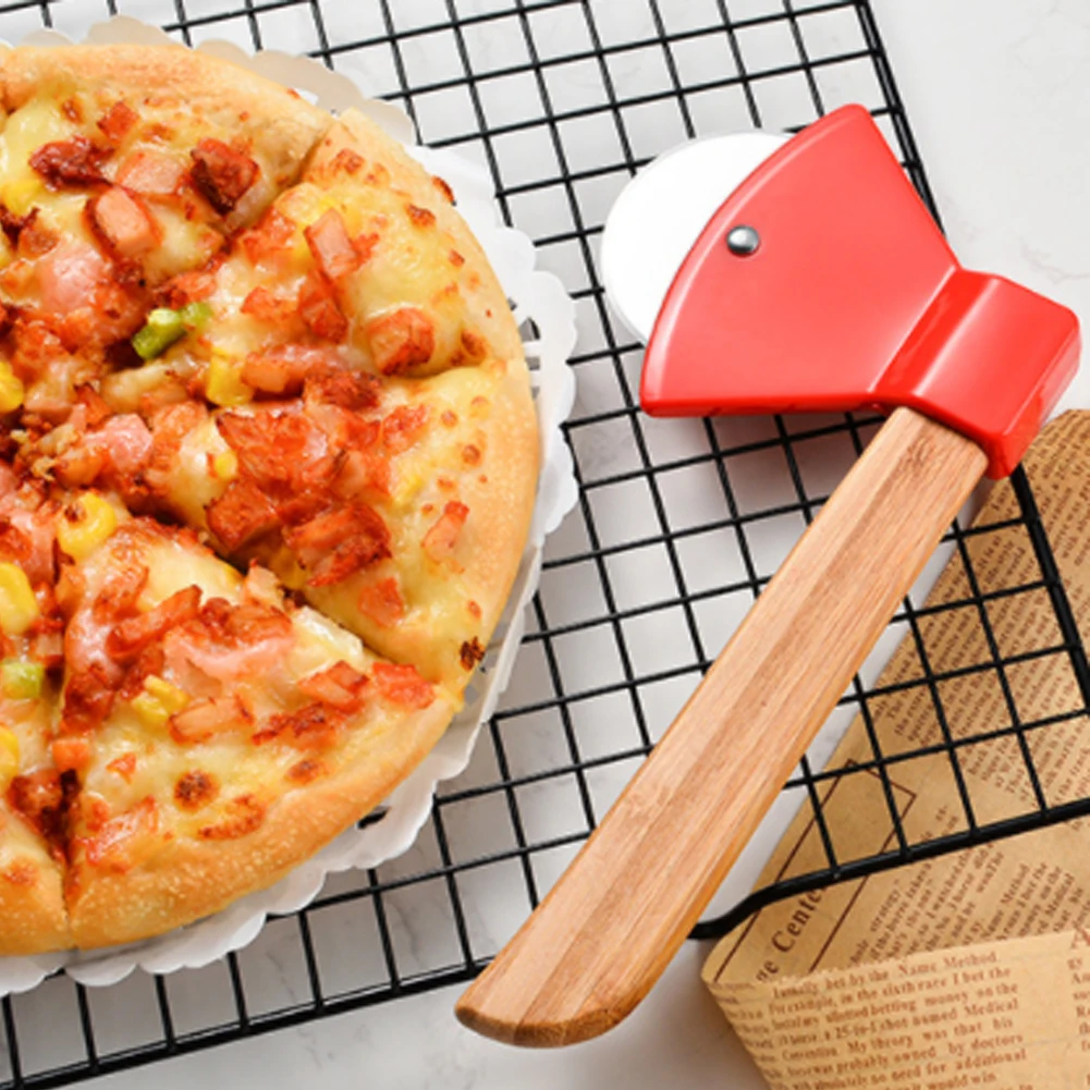 

Stainless Steel Axe Wood Handle Pizza Cutter Rotating Blade Home Kitchen Single Wheel Cutting Tool Waffle Cookies Cake Cutting