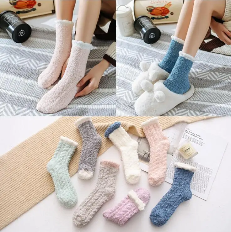 

Cute Socks Women bed socks Pure Color fluffy socks Warm Thickened Kawaii Pink Socks for Ladies Soft Floor Home Accessories