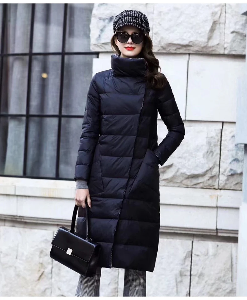 Double Sided Women's Down Jacket Long Winter Turtleneck White Duck Down Coat Female Double Breasted Plus size Warm Plaid Parkas
