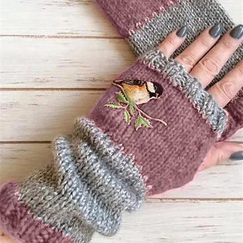 

Fingerless Women Gloves Birds Autumn Winter Embroidery Thicken Knitted 1Pair European Style Splice Color Keep Warm