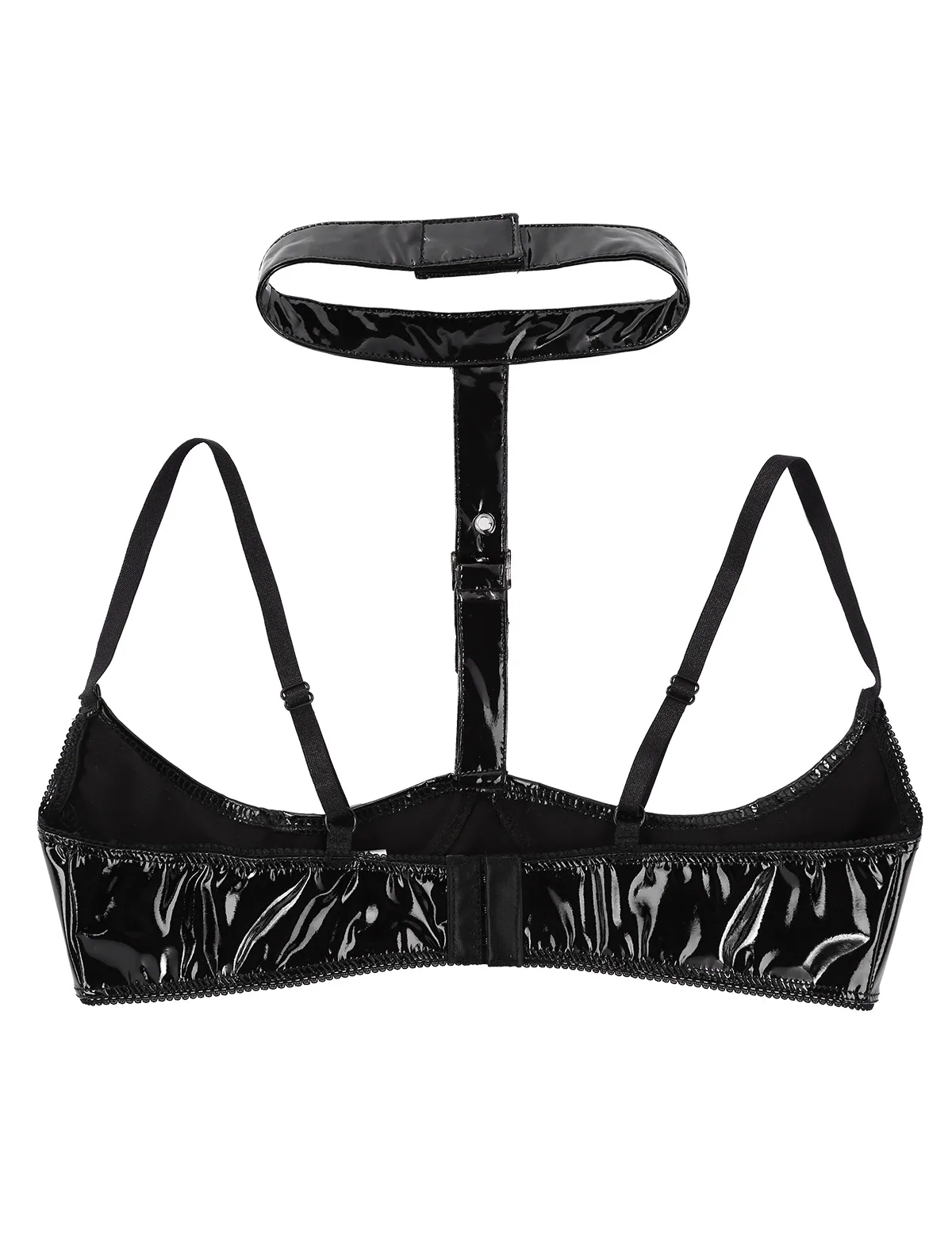 Womens Sexy Lingerie Wet Look Latex Bra Patent Leather Halter Neck Adjustable Spaghetti Straps Open Cups Wire-free Shelf Top |