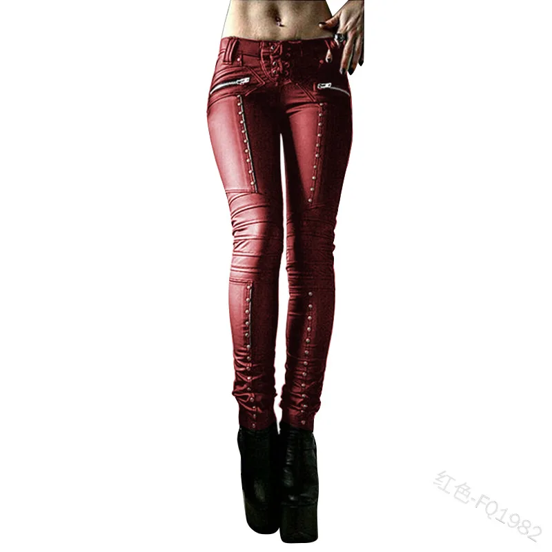 

2020 Women's Pants European Leggings Solid Punk Bandage Rivet Stitching Pleated Trousers Capris Leather Pencil Pants Joggers