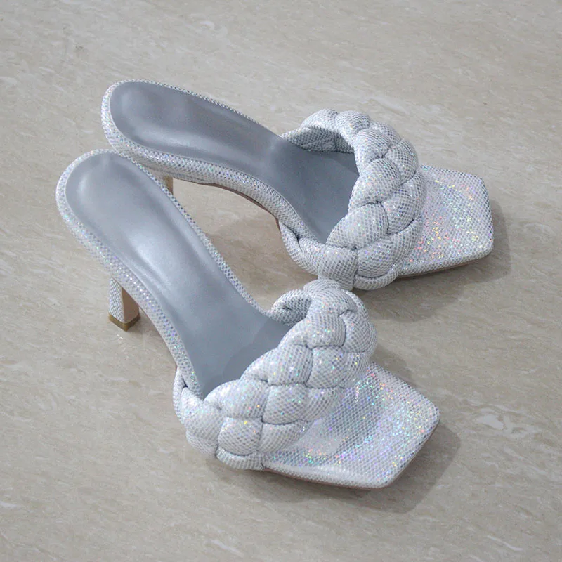 

New woven high heel women slides square toe women sandals high-quality ladies shoes outdoor