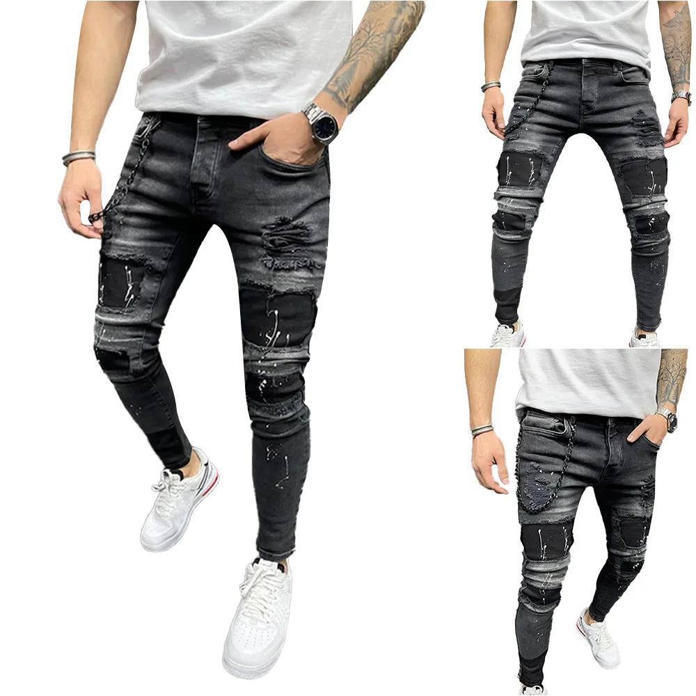 

Men Black Streetwear Plus Size Ripped Pants Male Casual Slimming Hole Long Denim Trousers Hollow Out Jeans