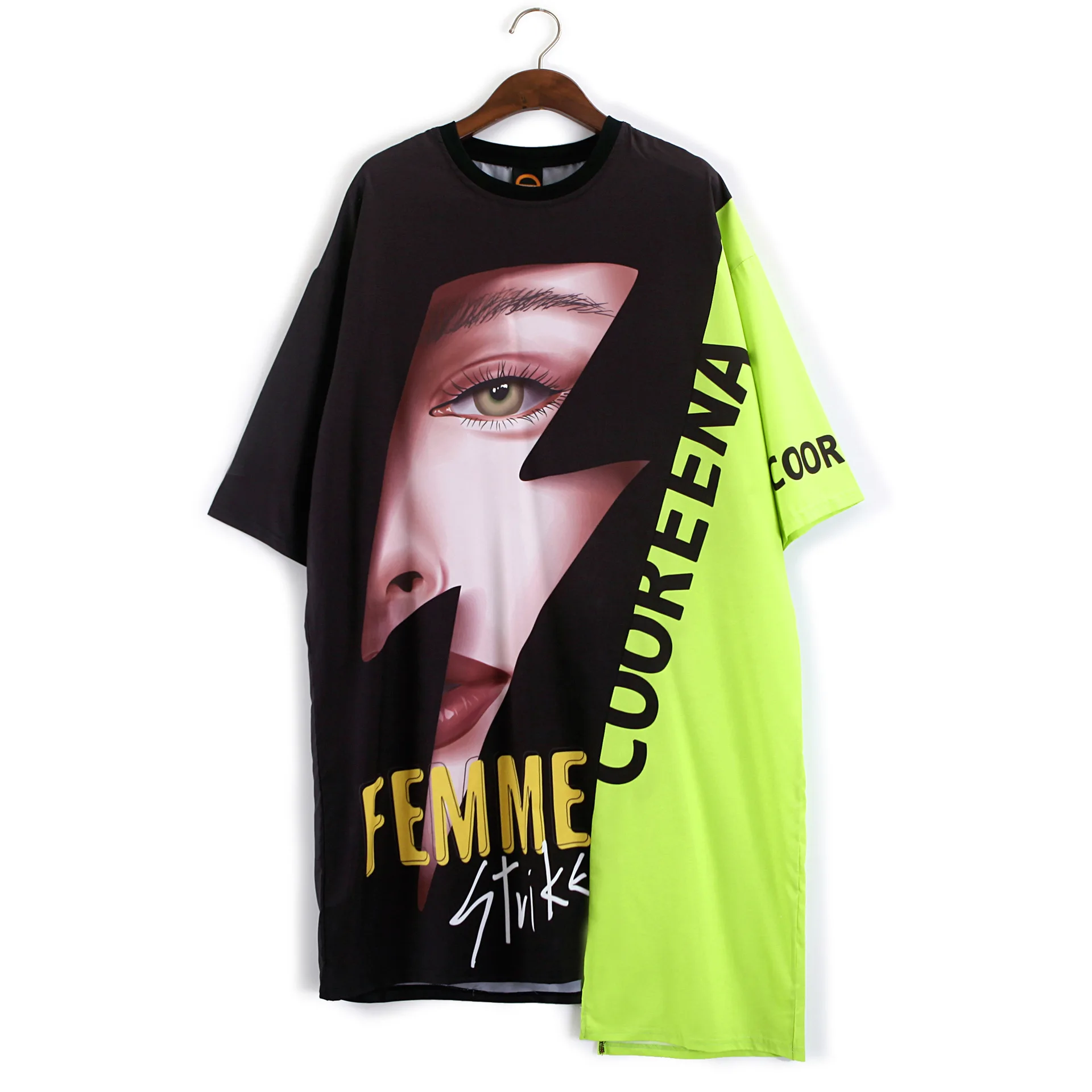 

Plus Size Hip Hop T-shirt Dress Women Harajuku Irregular Print Rock Long Short Sleeve Loose Tops Dance Colour Oversized T Shirt