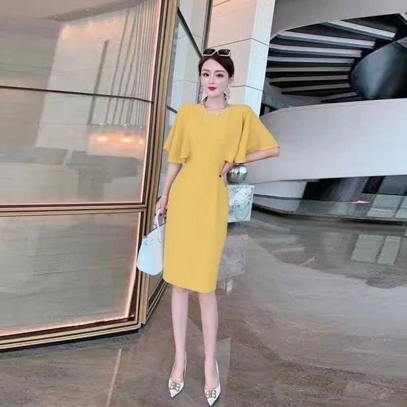 

Temperament dress women's 2021 summer dress new fashion Cape sleeve solid slim one step skirt