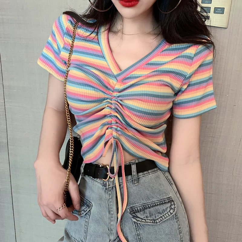 

Женская футболка на шнуровке, универсальная трикотажная короткая футболка с V-образным вырезом, облегающий пуловер, весна-лето 2021