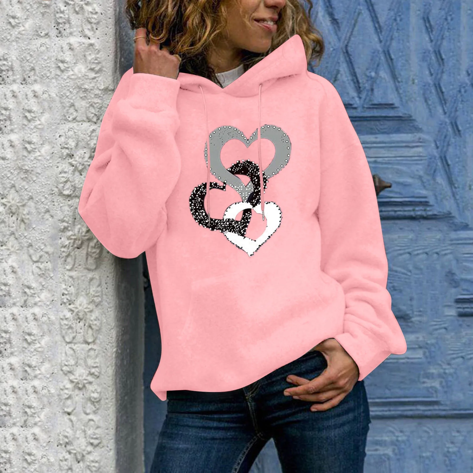 2021 Hoodies Women's Fashion New Stitching Hearts Print Long-Sleeve Hooded Sweatshirt Tops Fashion Sweatshirt женское платье