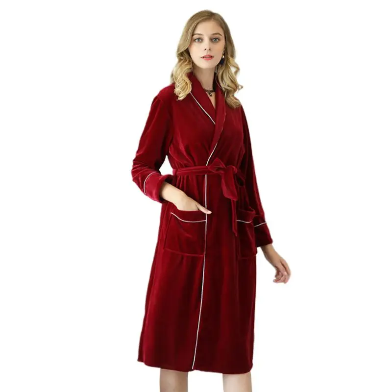 

Womens Luxury Winter Velvet Long Kimono Bath Robe Solid Color Striped Plush Soft Warm SPA Nightgown Sleepwear with Two M3GF
