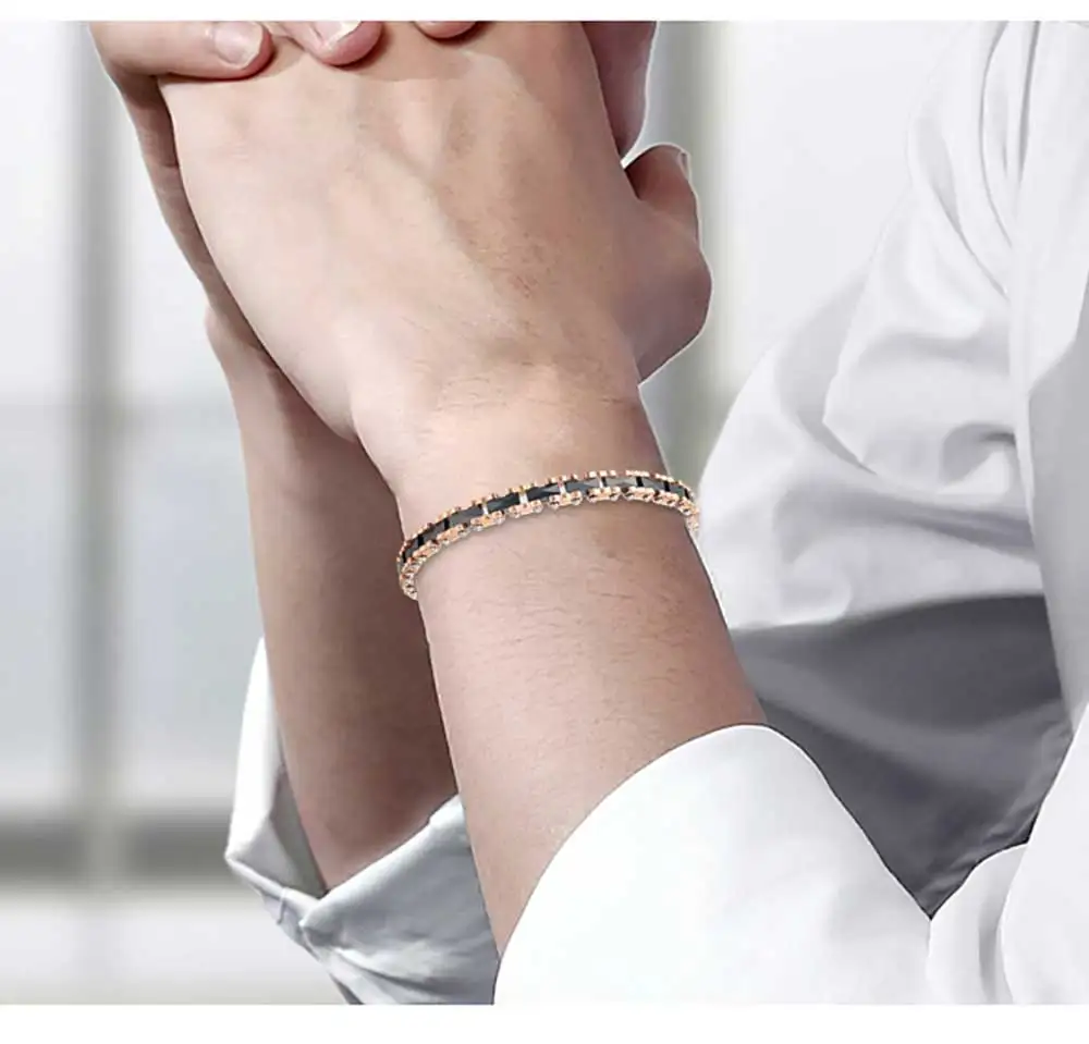 Moocare rose gold stainless steel wrist chain black women men charm bracelet ceramic jewelry accessories for ladies