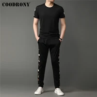 coodrony brand spring summer new arrival men sets thin short sleeve t shirts with long pants pattern sportswear tracksuit c7003s