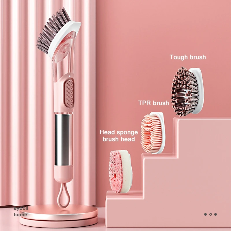 

Multi-Functional 3 Head Kitchen Descaling Brush Detachable Cleaning Grease Washing Dishes And Pots Brushes With Soap Dispenser