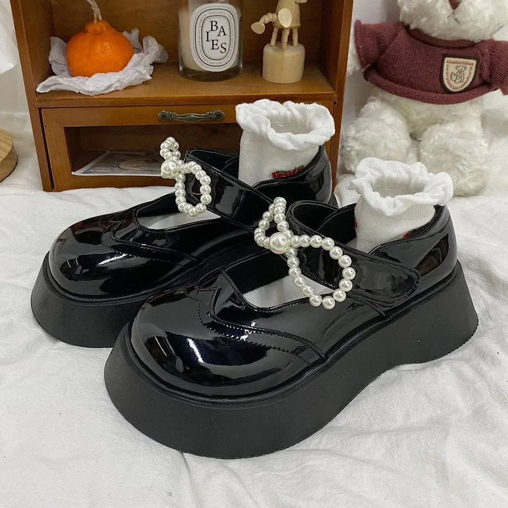 

Japanese Student Lolita Shoes Woman Platform Mary Janes shoes pearl Buckle Strap Cute Cosplay Uniform Woman Shoes