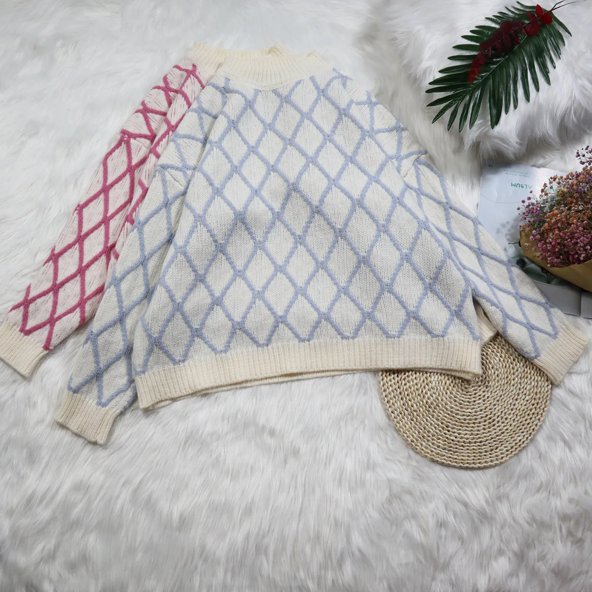 

Vintage Sweet Pink Blue Plaid Knit Sweater Women 2021 New Fashion O Neck Long Sleeve Ladies Pullovers Casual Pull Femme