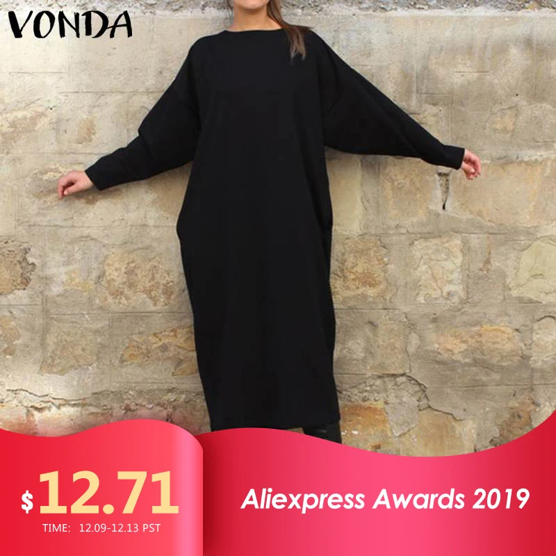 Платье-рубашка с длинным рукавом VONDA, женское повседневное одноцветное длинное платье, модное платье с круглым вырезом, Vestidos размера плюс, богемное платье 5XL
