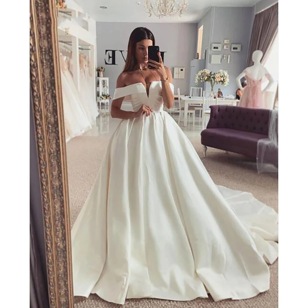 

WUZHIYI Satin Princess Wedding Dresses A Line Off The Shoulder Smiple Marriage Bride Dress Long Train White Ivory Bridal Gowns