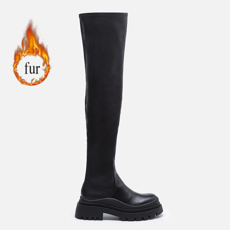 

ZA Thick-soled Over-the-knee Leather High Boots Women's Sliding Elastic Winter Warm Socks Boots Women Botas De Mujer