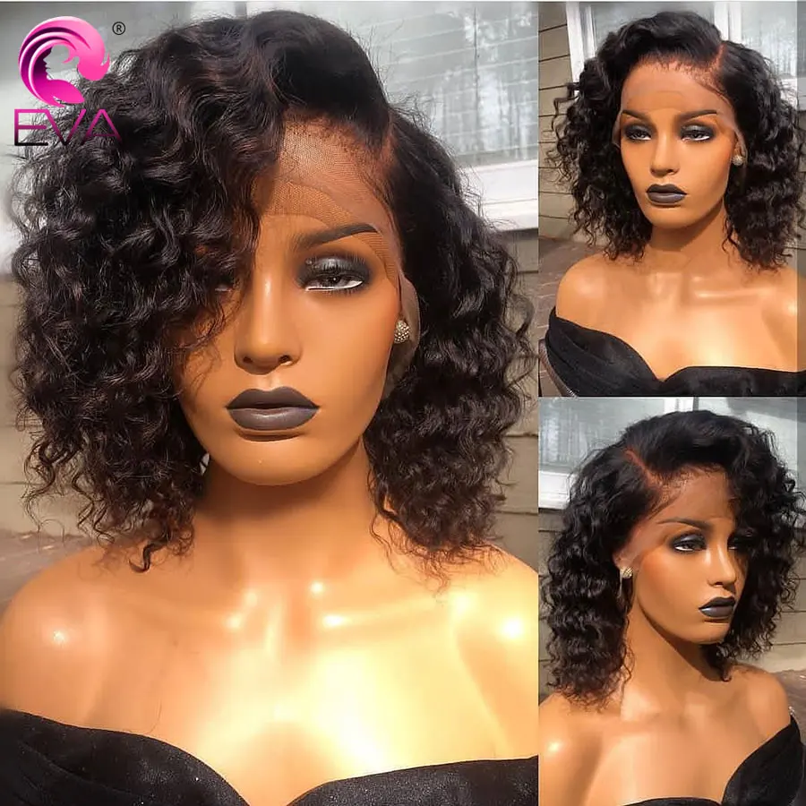 Curly Short Human Hair Wigs 13x6 Lace Frontal Wig Deep Bob Front Eva Brazilian | Шиньоны и парики