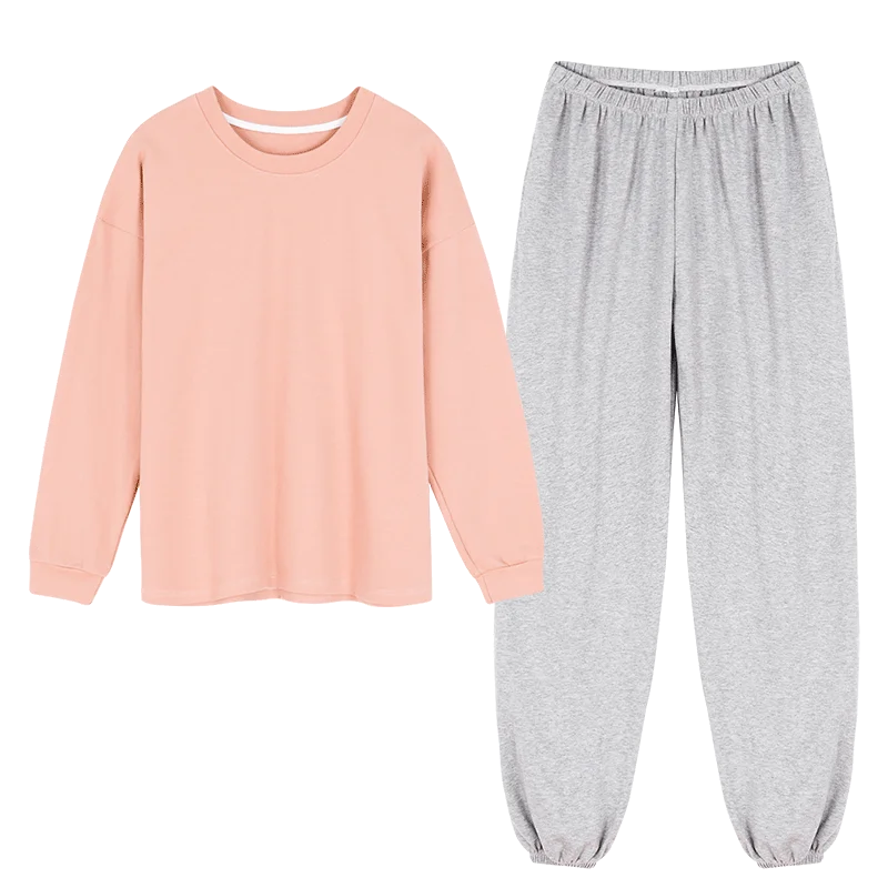

Round Neck Female Pyjamas Simple Solid Color Long Sleeves Pijamas Soft Sweet Casual Sleepwear Full Cotton Women's Pajamas Set