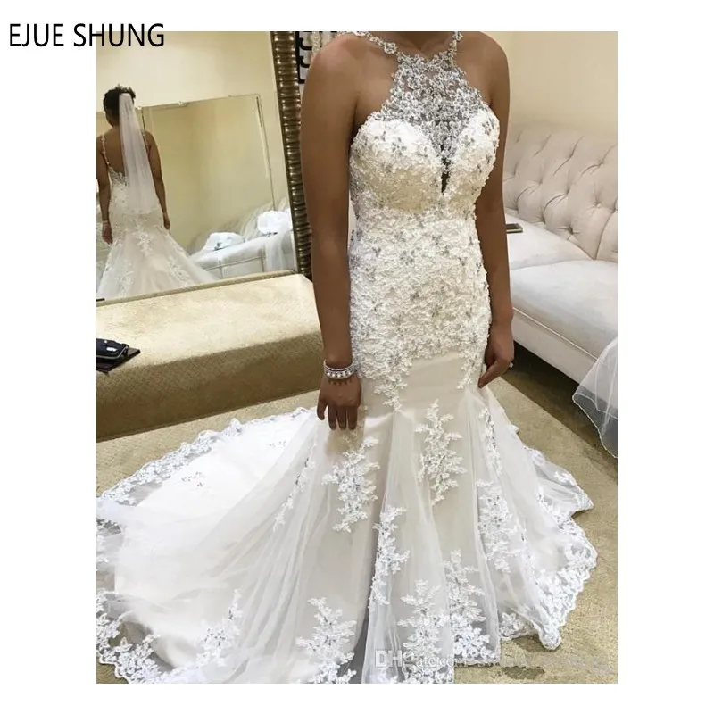 

E JUE SHUNG Mermaid Wedding Dresses Halter Neck Backless Lace Appliques Gorgeous Crystal Women Bridal Dresses vestido de noiva