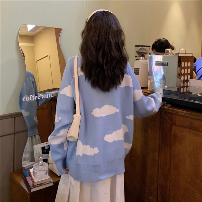 

Women Long Sleeve O-Neck Knitted Sweater Sweet Cloud Print Oversized Jumper Tops D08E