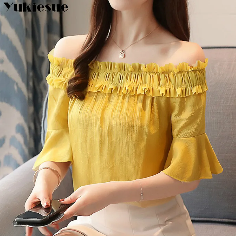 Женская рубашка с открытыми плечами и коротким рукавом летняя блузка для женщин