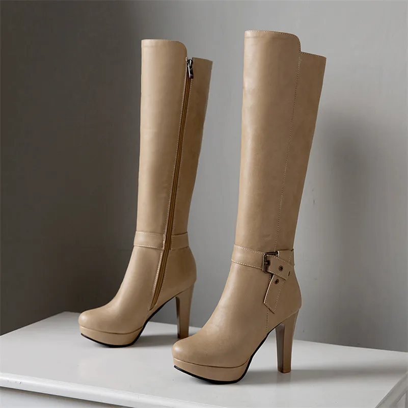 Женские сапоги на молнии Meotina осенне-зимние до колена толстом каблуке с пряжкой