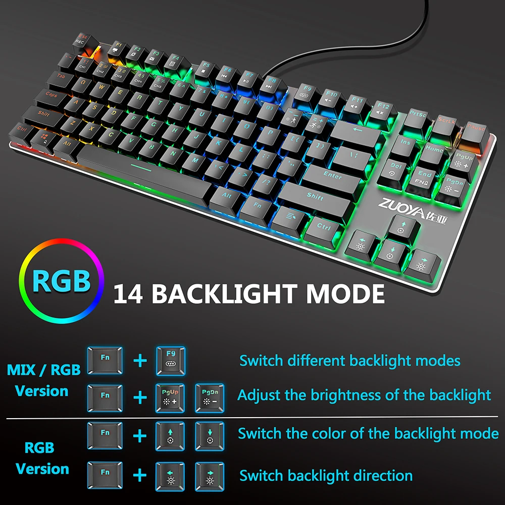 Игровая механическая клавиатура 87 клавиш микс/RGB подсветка игровая Проводная клавиатура синий красный переключатель USB для компьютера ноутбука английский/русский
