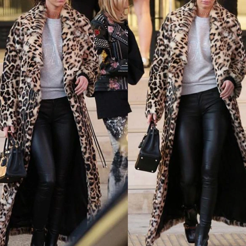 

Wepbel Jackets Women Long Sleeve Long Imitation Fur Leopard Fur Coat Warm Rabbit Plush Hooded Coat Overcoats Trench Faux Fur