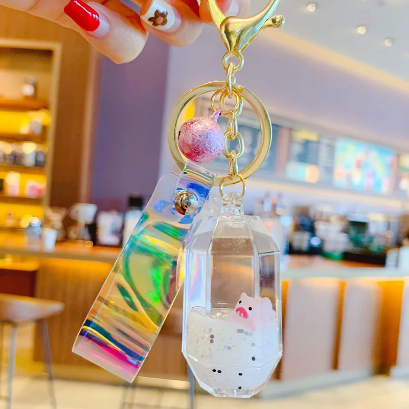 

Creative Cute Floating Milk Pig Keychain For Keys Pendant Quicksand Drift Bottle Piggy Long Key Chain For Girl Bag Keyring Gifts