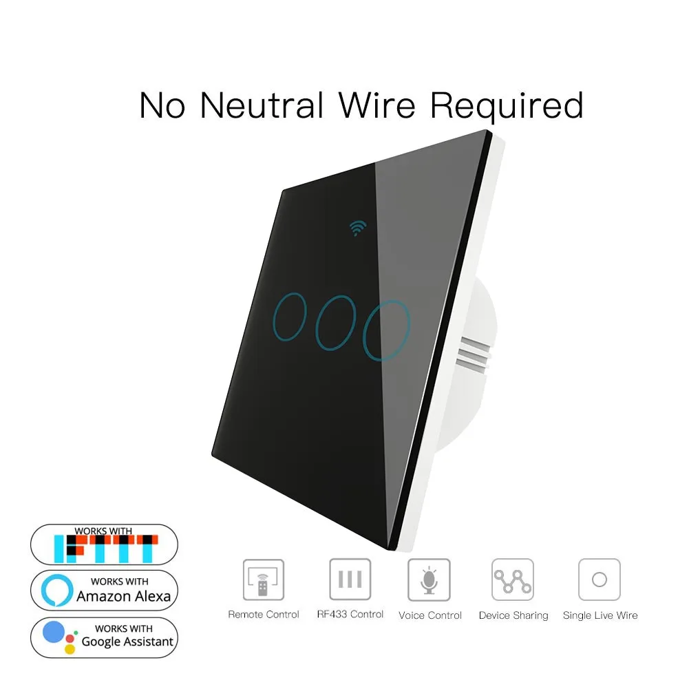 3 Gang Black Черный WiFi умный настенный выключатель без нейтрального провода, нужен беспроводной смарт-пульт дистанционного управления Tuya с Alexa RF433 - Цвет: 3 Gang Black