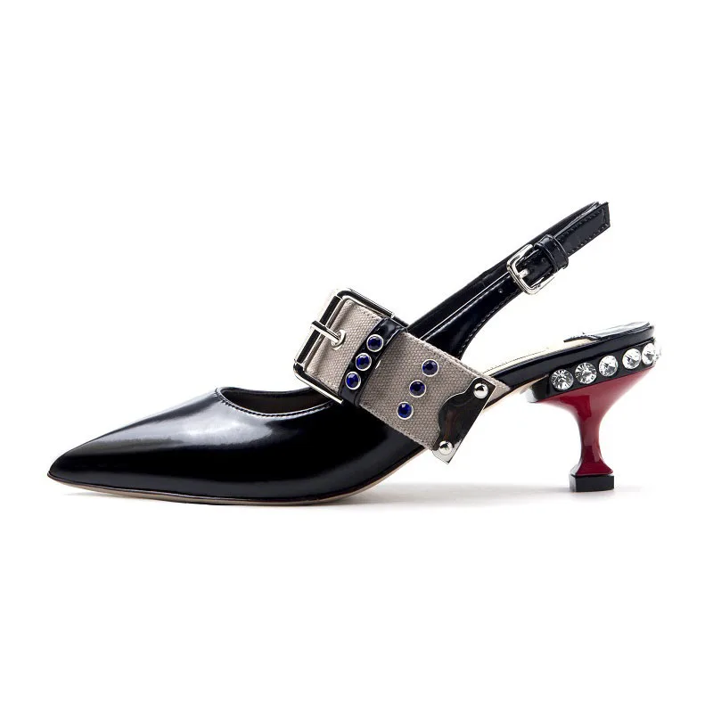 Black Patent Leather Котенок обувь кристалл ремень женщина Указательный палец Насосы Mary Jane туфли на шпильке обнаженный лакированная кожа средняя пятка марка горный хрусталь Slingback китайская Весна осень Китай мода новая - Цвет: Black Patent Leather