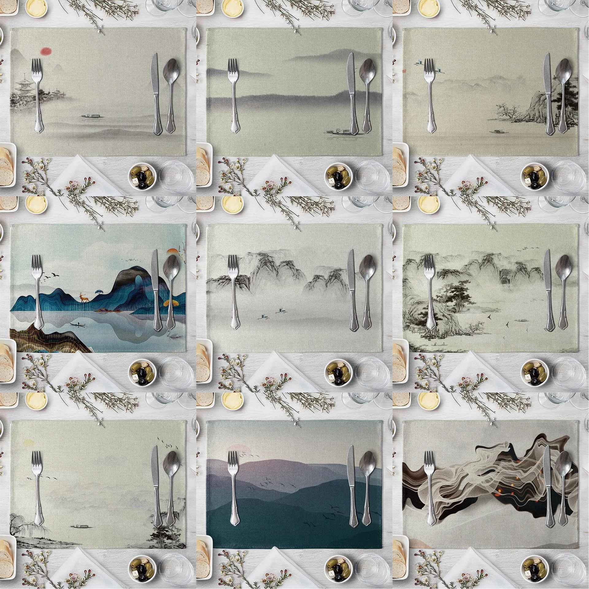 Chinese Style Table Napkin Dining Mountain Pattern Placemat Kitchen Tool Tableware Pad Coaster Party Decorations | Дом и сад