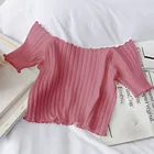 Женские летние простые рубашки 25 #, блузка, топы с квадратным вырезом, вязаная блузка, топы в полоску с оборками на Подоле и коротким рукавом, женские футболки, женская одежда