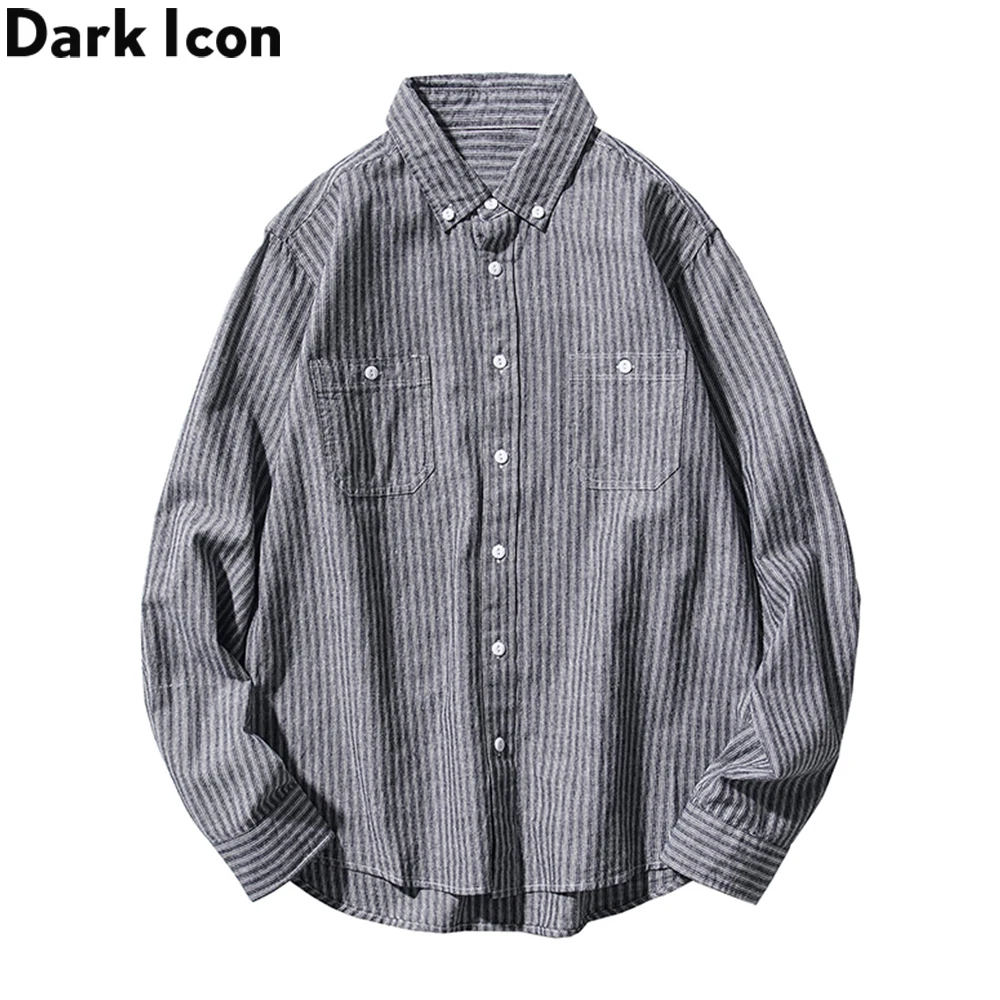 

Мужская рубашка в полоску с темным иконом, повседневные рубашки с длинными рукавами для осени 2020