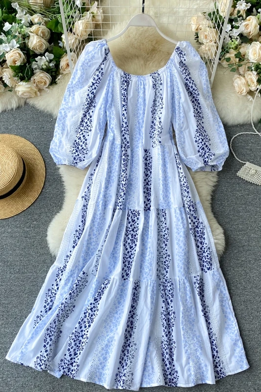 

Jixian.com Celebrity Street Summer Dress Round Neck Puff Sleeve Irregular Splicing Pattern Gentle Wind Dress