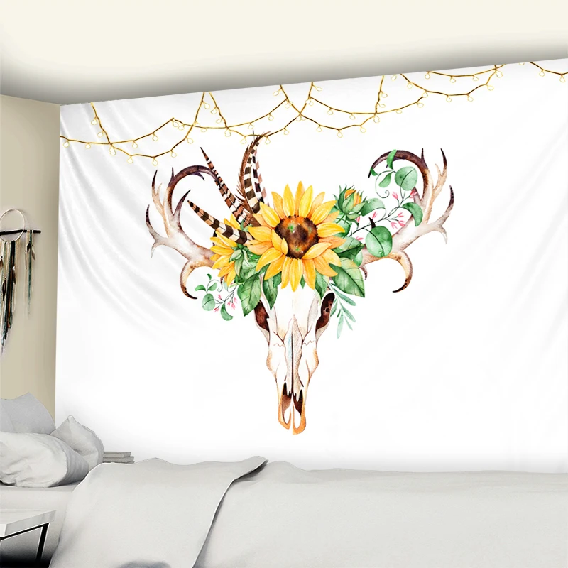 Простой мультяшный олень гобелен с изображением скелета Подсолнух перо узор