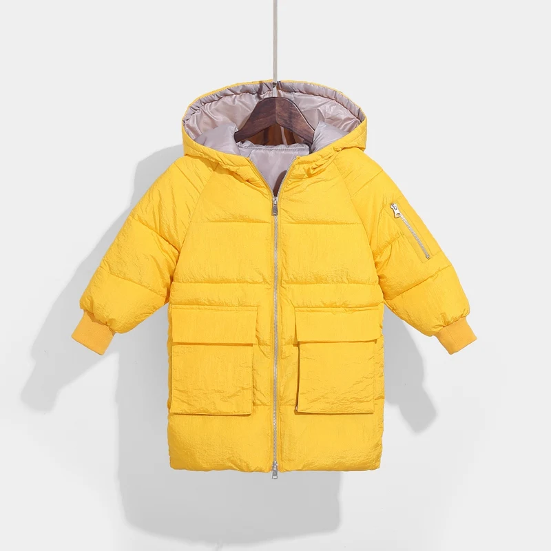 Yellow Белый Ангел; теплые зимние пальто для девочек; однотонные куртки средней длины с капюшоном для мальчиков-подростков; утепленные детские парки с подкладкой; Верхняя одежда для детей - Цвет: Yellow